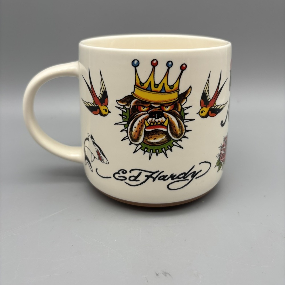 Ed Hardy Mug Tiger‎ Bulldog All Over Tattoo Art Design Ceramic; NEW